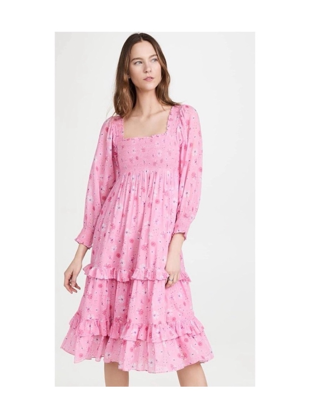 Loveshackfancy Miri Pink Floral Smocked Tiered Puff-Sleeve Midi Dress